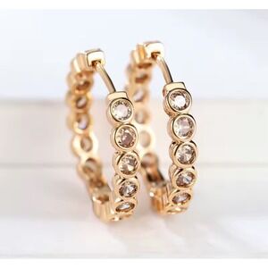 Gold Hoop‎ Earrings with Champagne Crystals Dainty Round Huggie  1 inch